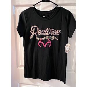 REALTREE Ladies T-SHIRT Black With Camo & Pink. Women’s Cut Size Small